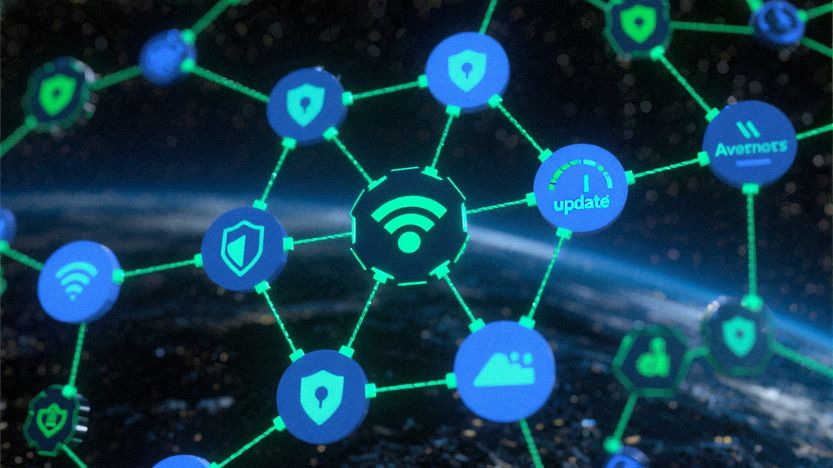 Icons representing different aspects of digital security, such as Wi-Fi, internet speed, and software updates, interconnected to form a holistic system.