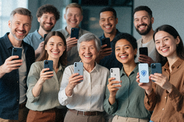 Group of happy iOS users with secure devices