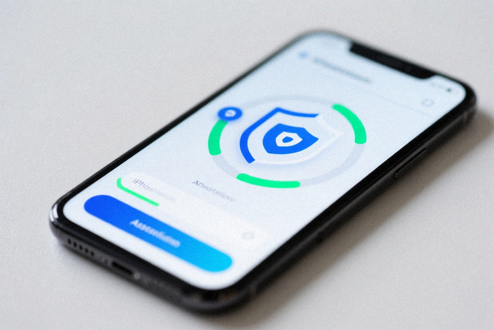 A close-up view of the ShieldCheck application interface on an iPhone, showcasing its clean design and security assessment features.